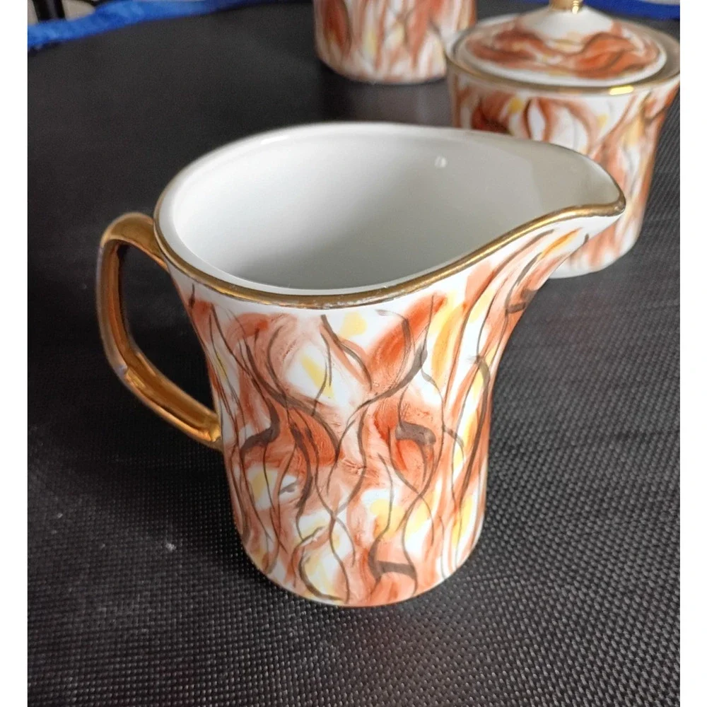 Vintage Włocławek Poland 17 Pc Porcelain Tea Coffee Set Abstract Flame Gold Trim